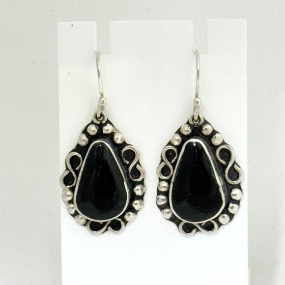 Sterling Silver Dangle Earrings with Bezel Set Onyx - Picture 3 of 6